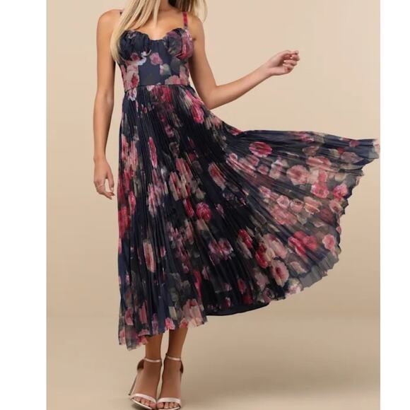 Lulus Dresses & Skirts - Lulus Alluring Invite Floral Pleated Bustier Midi Dress Women's Medium Navy Blue